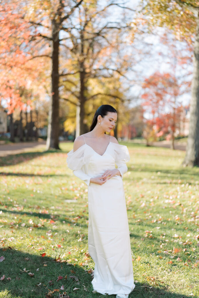 relaxing bride portrait outside in the fall colors